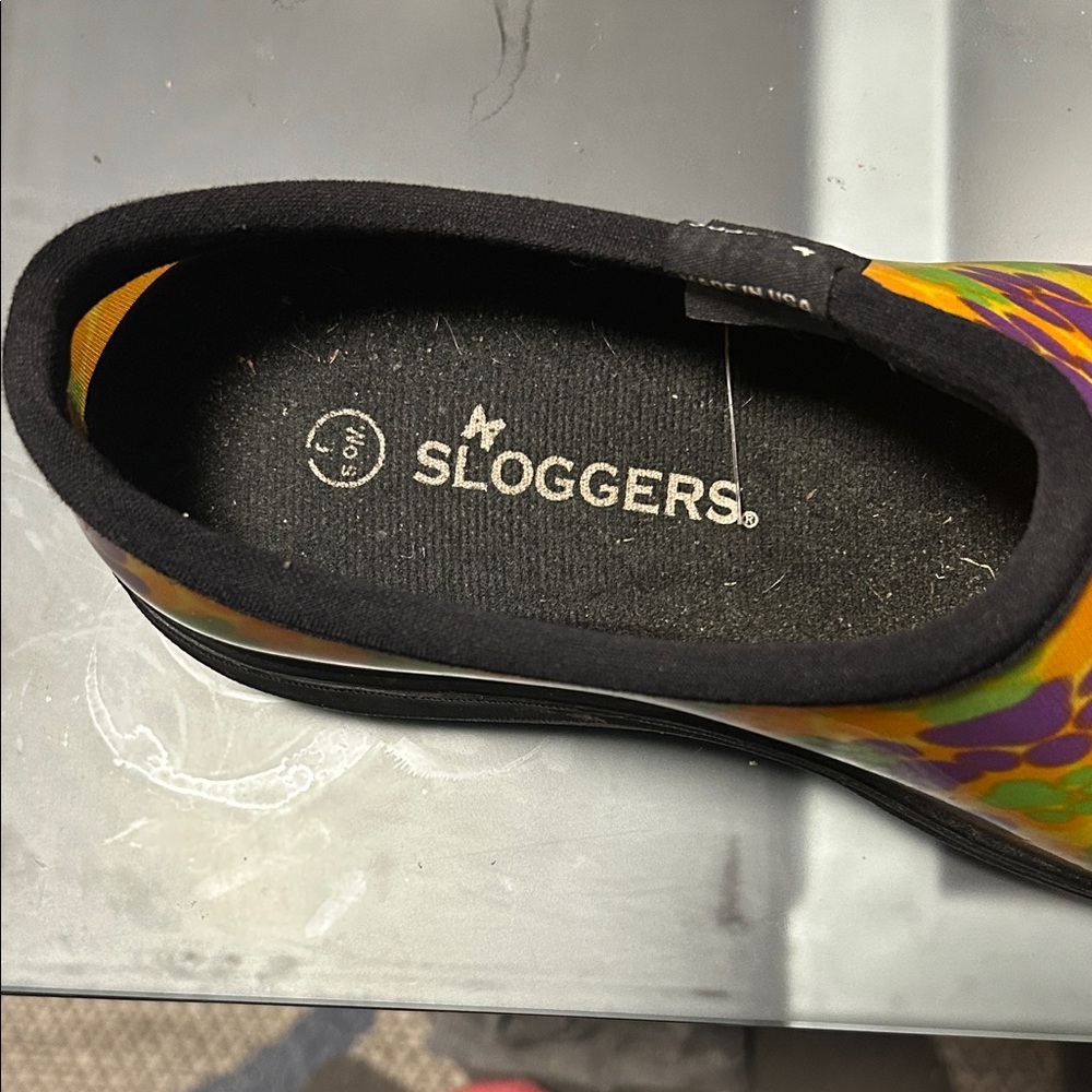 Sloggers Vibrant Yellow Clogs with Purple and Green Paw Prints - Picture 4 of 10